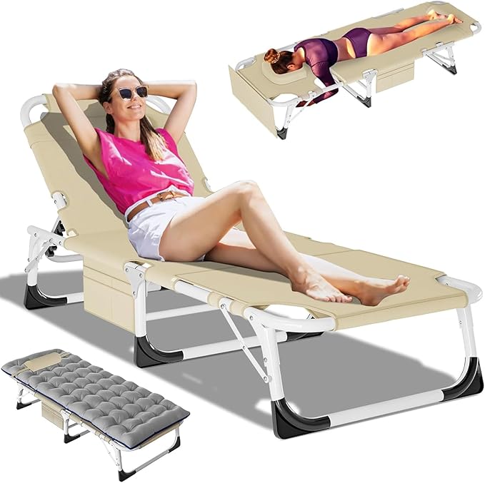 DoCred Heavy Duty Tanning Chair with Face Hole, Adjustable 5-Position Folding Chaise Lounge Chairs for Outside, Portable Lay Flat Beach Lounge Chair for Outdoor Sunbathing Beach Pool Lawn Camping