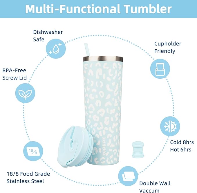BJPKPK 30oz Tumbler With lid And Straw Stainless Steel Travel Coffee Mug Insulated Tumblers Cups,Light Blue Leopard