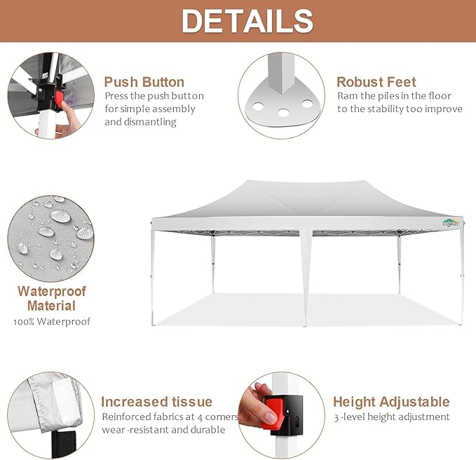 COBIZI 10x20 Pop Up Canopy Tent with Sidewalls,Party Tent Outdoor Gazebos, Waterproof & UV50+,3 Adjustable Heights,Higher Frame Design - Extra Tall for Parties Backyard,Weddings,Markets, White