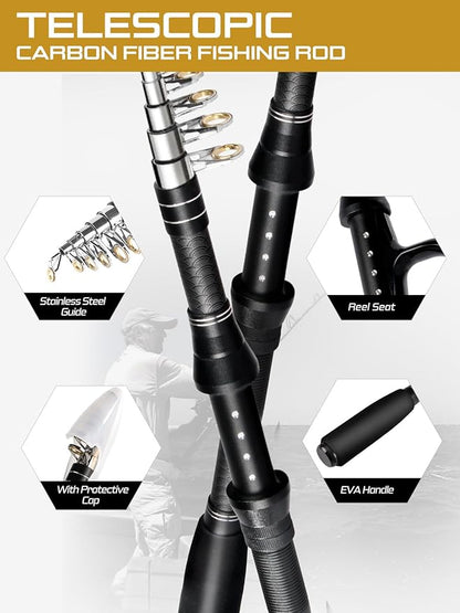 Fishing Pole Kit 6.89FT, Carbon Fiber Telescopic Fishing Rod and Reel Combo with Spinning Reel, Line, Bionic Bait, Hooks and Carrier Bag for Adult Teens Beginners