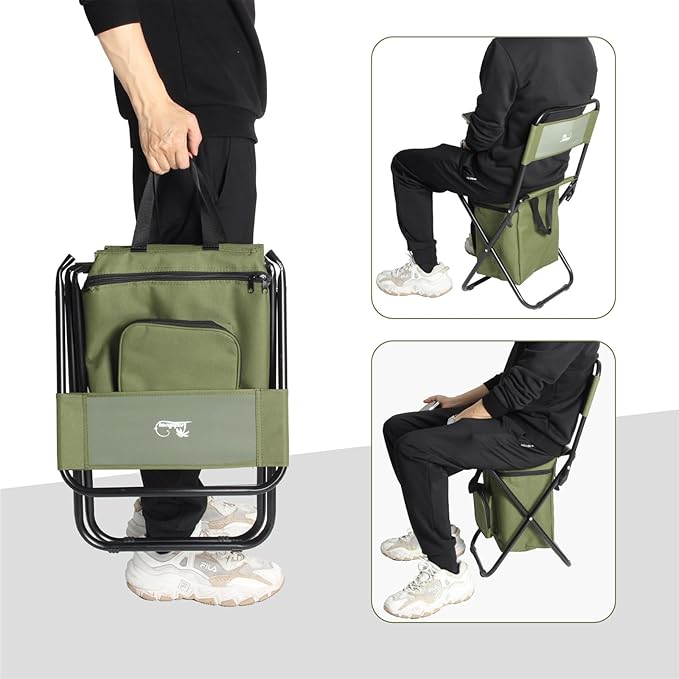 LEADALLWAY Fishing Chair with Cooler Bag Compact Fishing Stool Foldable Camping Chair