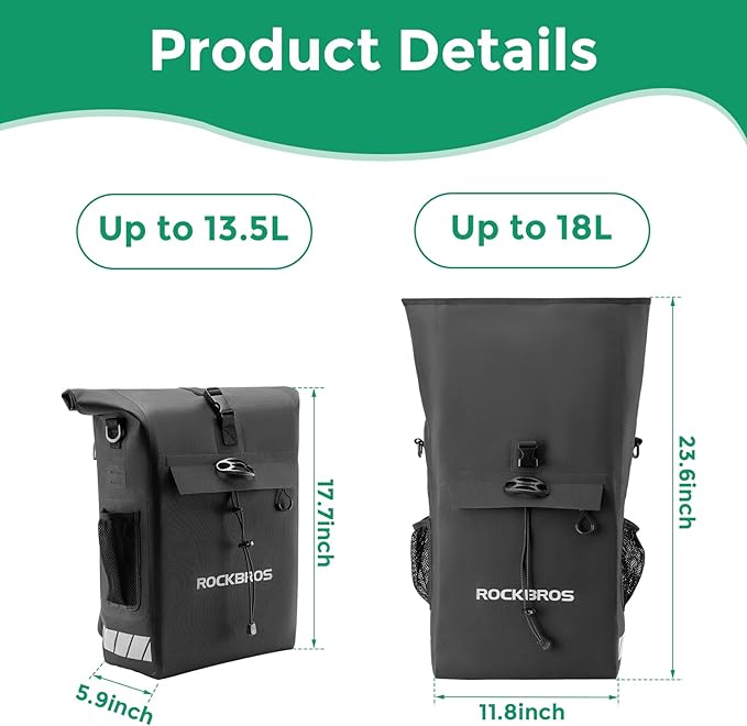 ROCKBROS Rear Rack Bike Bag Waterproof Bike Rack Bag with Helmet Fixing Buckle Rear Bike Rack Bag Detachable Shoulder Straps Convertible Backpack Fit for All Pillion Racks 18L Capacity