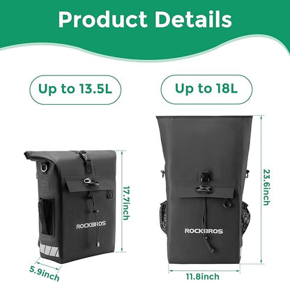 ROCKBROS Rear Rack Bike Bag Waterproof Bike Rack Bag with Helmet Fixing Buckle Rear Bike Rack Bag Detachable Shoulder Straps Convertible Backpack Fit for All Pillion Racks 18L Capacity