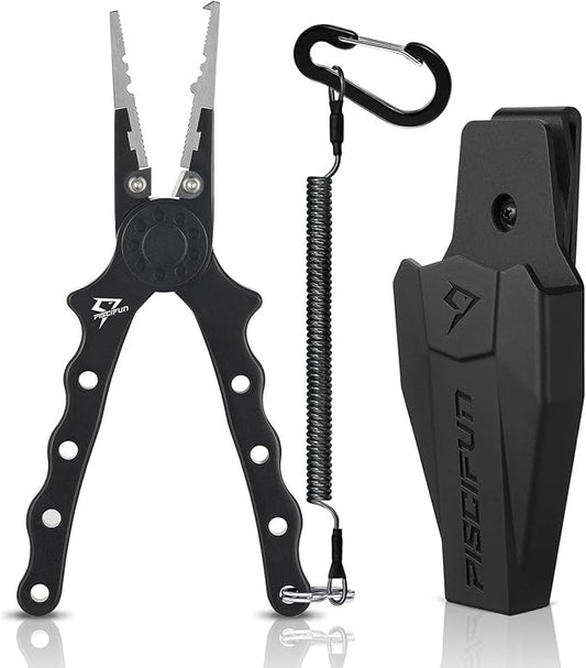 Piscifun Fishing Pliers, Saltwater Fishing Pliers with Split Ring, Fish Hook Remover, Corrosion Resistance Fly Fishing Pliers with Braid Cutters, Sheath and Lanyard, Fishing Gear Gifts for Men