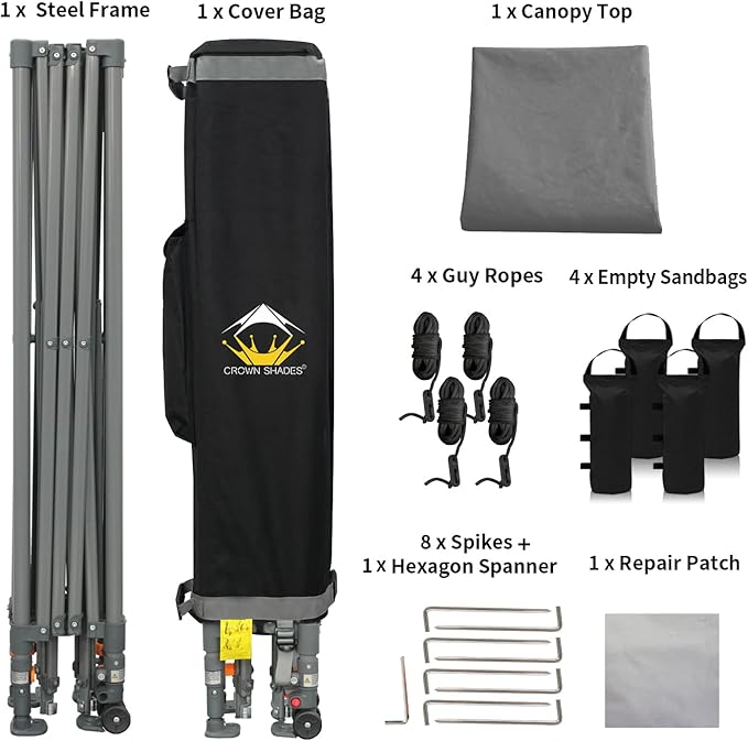 CROWN SHADES Adjustable Height on The Fly, 10x10 Pop Up Canopy - Beach Tent with One Push Setup - Easy Outdoor Sun Shade for Events, Parties, Camping - Outside Shade with STO-N-Go Bag, Grey