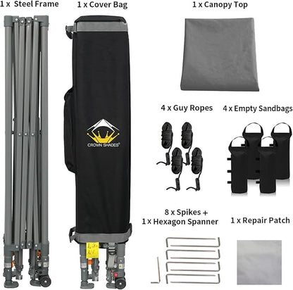 CROWN SHADES Adjustable Height on The Fly, 10x10 Pop Up Canopy - Beach Tent with One Push Setup - Easy Outdoor Sun Shade for Events, Parties, Camping - Outside Shade with STO-N-Go Bag, Grey