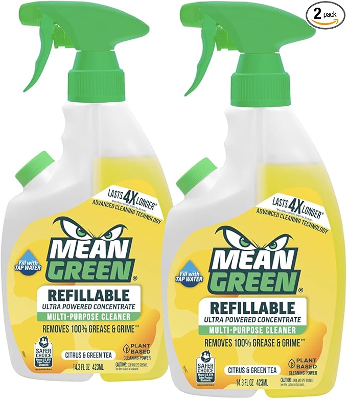 Mean Green Refillable Ultra Powered Multi-Purpose Cleaner Concentrate, Citrus & Green Tea, 14.3 fl oz (2-Pack) – Plant & Mineral Based, Cuts Through Grease & Grime, Refillable Bottle Makes 4X Refills