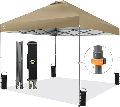 CROWN SHADES Adjustable Height on The Fly, 10x10 Pop Up Canopy - Beach Tent with One Push Setup - Easy Outdoor Sun Shade for Events, Parties, Camping - Outside Shade with STO-N-Go Bag, Khaki