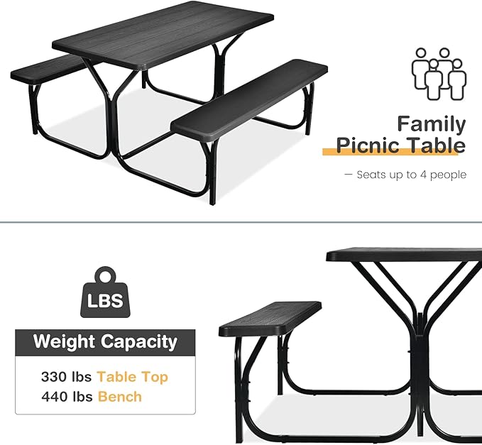 Tangkula Picnic Table Bench Set, Outdoor Picnic Table with 2 Benches, Metal Camping Table with Plastic Wood-Like Texture Tabletop & Steel Frame, Ideal for Picnic, Party, Garden, Lawn (Black)