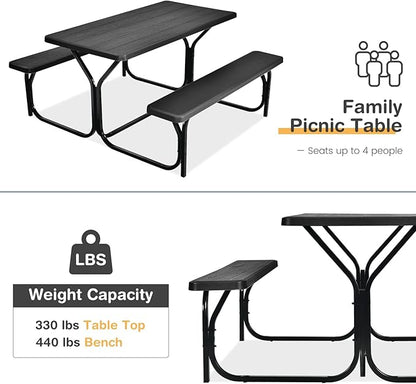 Tangkula Picnic Table Bench Set, Outdoor Picnic Table with 2 Benches, Metal Camping Table with Plastic Wood-Like Texture Tabletop & Steel Frame, Ideal for Picnic, Party, Garden, Lawn (Black)