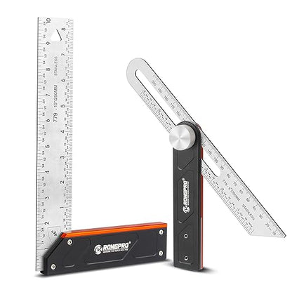 10Inch Woodworking Square Ruler and T-Bevel Gauge Set - 1/16" Precision,Sliding T-Bevel and T Measurements Ruler, Aluminum Handle Carpenter Square Layout Tool for Woodworking -Imperial…