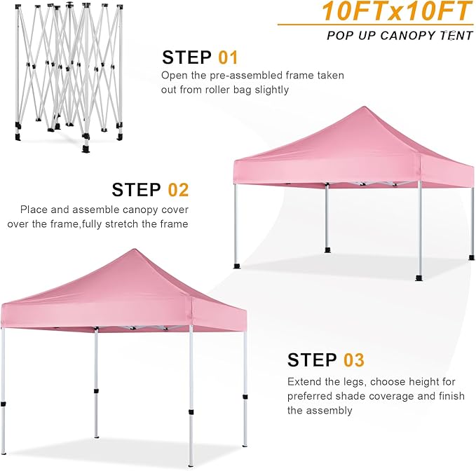 10x10 Pop Up Canopy Tent for Outdoor Commercial Instant Sun Shelter,Pink