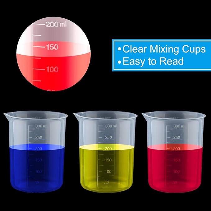 Coopay 12 Pack 300ml/10.1oz Plastic Beakers Epoxy Mixing Cups, Plastic Graduated Cups Clear Multipurpose Measuring Cups with 50 Pack Wooden Stirring Sticks for Resin, Epoxy, Stain, Mixing Paint