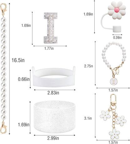 Stanley Cup Accessories Set - Including Water Bottle Carrying Pearl Strap, Handle Letter Charms Sticker, Silicone Cups Boot Straw Cover for 40oz & 30oz Tumbler