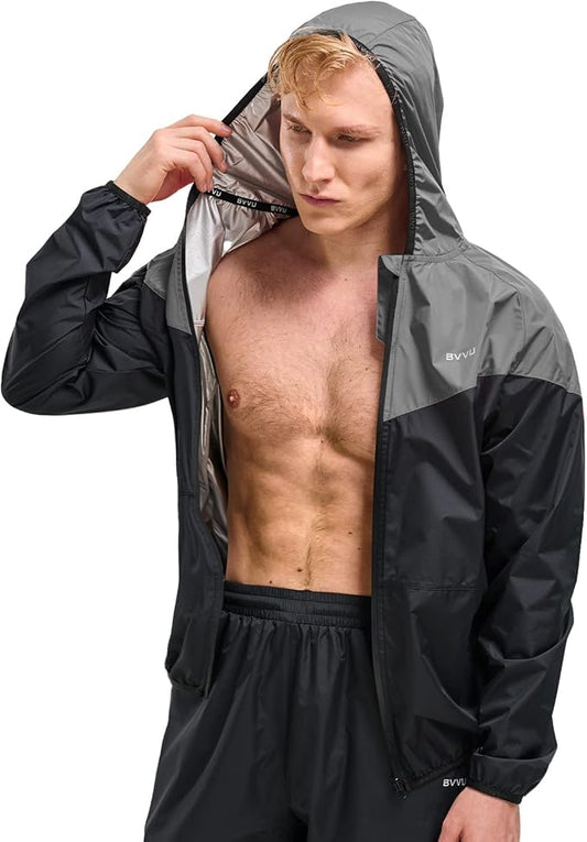 BVVU Sauna Suit for Men Zipper Sweat Suits with Hood Sauna Jacket Pants Gym Workout Full Body