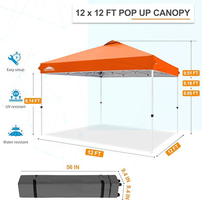 EAGLE PEAK Pop Up Canopy Tent with Wheeled Carry Bag, 8 Stakes, 4 Ropes, 4 Weight Bags, Easy Set Up Tent Canopy, 12x12 ft, 144sqft of Shade, Orange