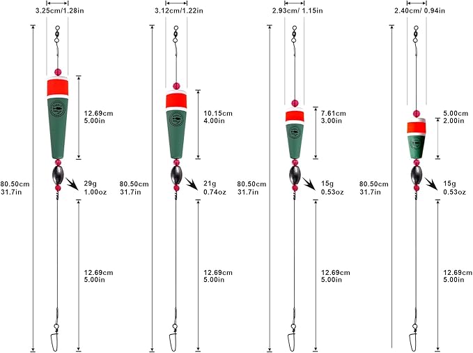 Fishing Floats Rigs Popping Corks for Saltwater Rattle Weighted Bobbers Fishing Tackle (4pcs, 2/3/4/5 in, Green/Yellow/Orange)