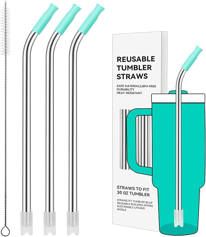 Reusable Stainless Steel Straws with Silicone Tip for Stanley 30oz, Metal Drinking Straws for 30oz Tumbler,3 Bent Tubes & 6 Tips& 1 Cleanr Brush (Tropical Teal)