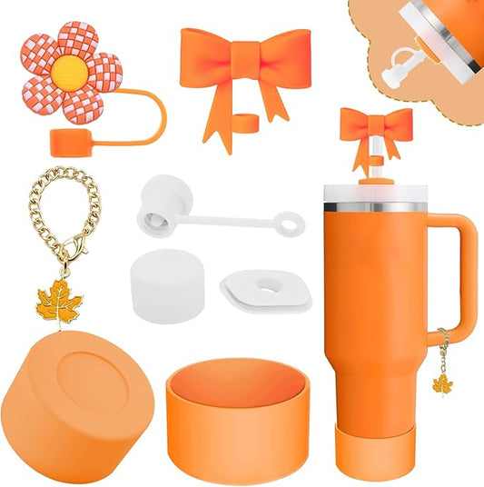 Stanley Cup Accessories Set,Including 2 Pcs 0.4in Straw Cover, 1 Silicone Spill-Proof Stopper Set of 3, 1 Cute Maple Handle Charm, 1 Silicone Boot Fits Stanley 40&30 Oz Tumbler (Tigerlily Plum)
