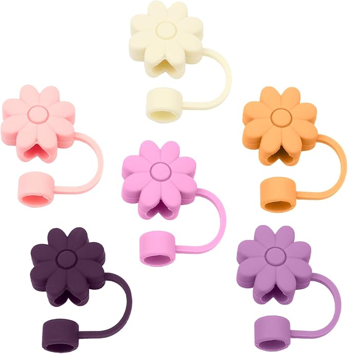 Silicone Straw Covers Toppers for Stanley Cups 30&40 Oz Tumbler Accessories 6PCS Flower Straw Caps Mixed Color Dust-Proof Reusable Straws Tips Protectors for Stanley Cup 10mm 0.4in Straws