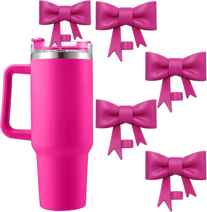 4Pcs Silicone Straw Toppers Covers for Stanley Cups 40/30oz 10mm(0.4in) Dust-Proof Bow Straw Covers Toppers Suitbale for Stanley Cup Accessories Reusable Straws Caps (Purple Rose Red)