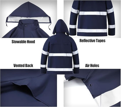RainRider Rain Suits for Men Women Waterproof Reflective Rain Coat and Bib Pants for Safety Heavy Duty Rain Gear Fishing