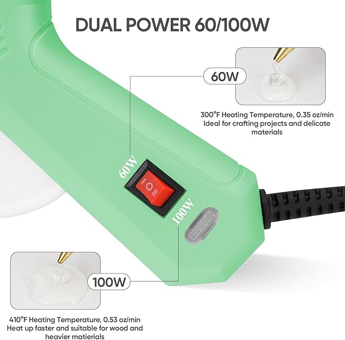 ROMECH Full Size Hot Glue Gun with 60/100W Dual Power and 21 Hot Glue Sticks (7/16"), Fast Preheating Heavy Duty Industrial Gluegun with Storage Case for Crafting, DIY and Repairs (Light Green)
