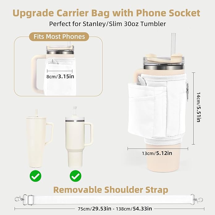 All Day Quencher Carry All for Stanley 40/30 oz Tumbler, Crossbody Bag with Phone Holder & Strap, Water Bottle Carrier Bag
