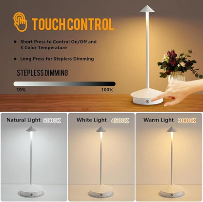 2 Pack LED Rechargeable Cordless Table Lamps,Portable Outdoor 5000mAh Battery Operated Table Light Touch Control 3 Color Dimmable for Patio/Cofee/Restaurant/Camping/Dining/Bedroom-White