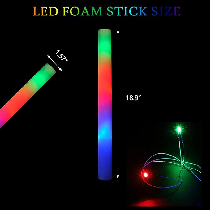 Bulk Glow Sticks - 100 PCS 18" LED Foam Sticks, 3 Modes Flashing Glow Batons for Party Favors, Wedding, Birthday, Raves, Concert, Festivals