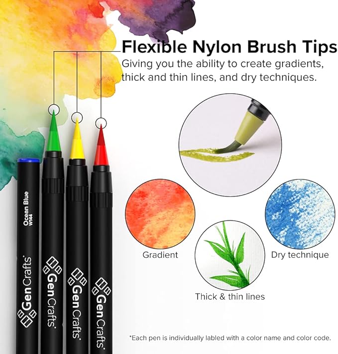GenCrafts Watercolor Brush Pens – Set of 50 Premium Colors – Real Brush Tips – Washable & Nontoxic Markers – Portable Painting Set