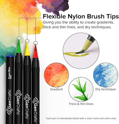 GenCrafts Watercolor Brush Pens – Set of 50 Premium Colors – Real Brush Tips – Washable & Nontoxic Markers – Portable Painting Set