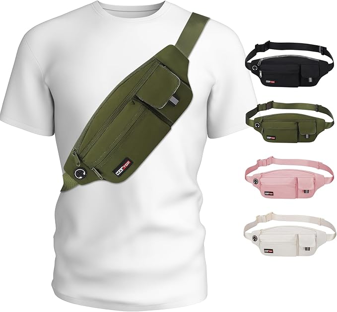 MAXTOP Large Fanny Pack Cross Body Bag Lightweight Belt Bag with Headphone Jack and 5-Zipper Pockets Adjustable Straps for Travel Dog Waliking Sports Running