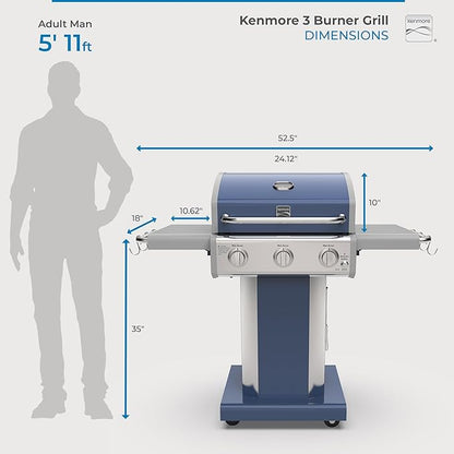 Kenmore 3-Burner Propane BBQ Grill, 30,000 BTUs Gas Grill with Cast Iron Cooking Grates, Folding Side Tables & Wheels, Outdoor Grill with Tool Hooks, Azure Blue