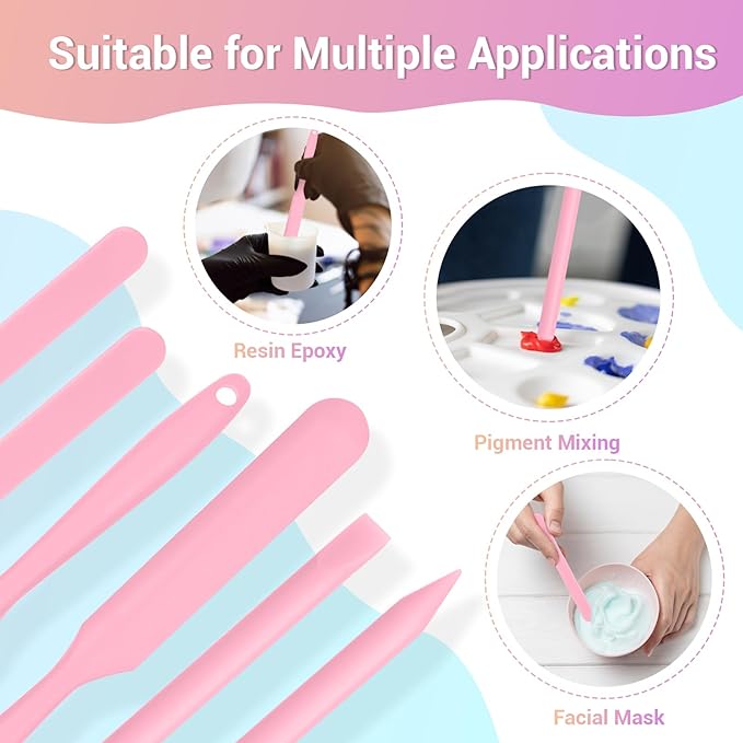 Gartful 6PCS Silicone Stir Sticks Kits, 2pcs Spatula Scraper, 2pieces Large Silicone Sticks, 2pack Pointed Stir Rods, Reusable DIY Craft Tool for Mixing Resin, Paint, Liquid, Pink
