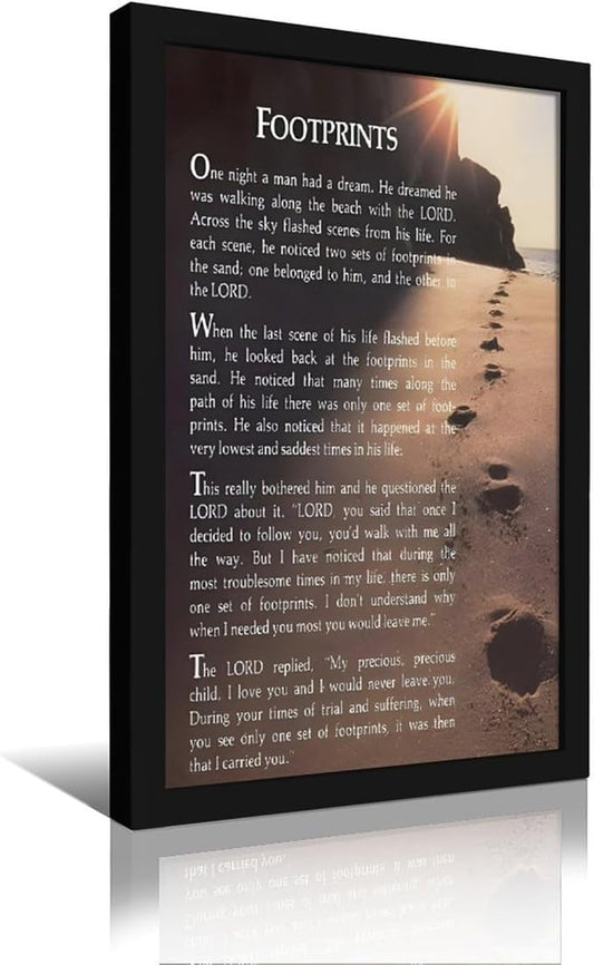 Footprints in the Sand Religious Canvas Wall Art Posters, Inspirational Beach Sunset Poem Print Poster (Black Framed 24x36inch, Footprints(7))