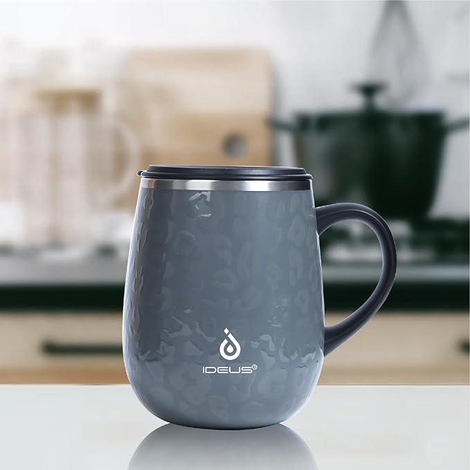 Ideus 16 oz Insulated Coffee Mug with Handle and Lid, Double Wall Stainless Steel Vacuum Thermal Coffee Mug, Travel Coffee Cup Thermal Cup for Home and Office, Leopard Gray