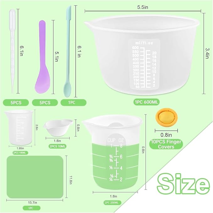 Silicone Measuring Cups Kit for Resin, Epoxy Supplies Set with 600ml, 250ml & 100ml Silicone Cups, Reusable Resin Supplies Cups with Silicone Mat, Stir Sticks, Mixing Cups for Molds Arts, Crafts