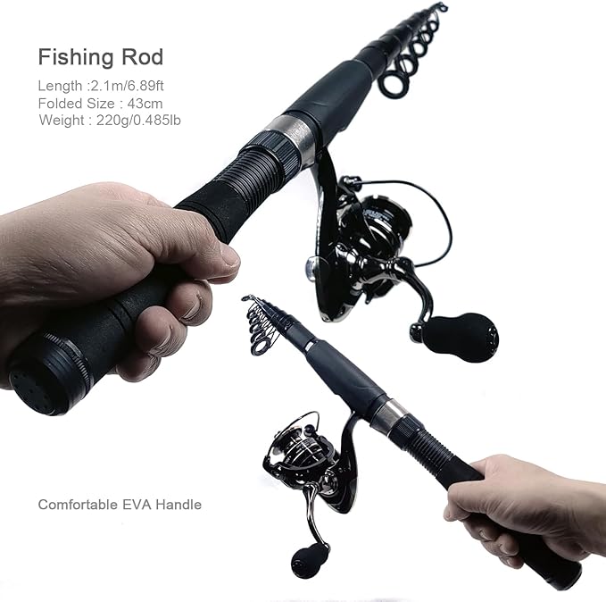 Fishing Rod Reel Combos, 2PCS 2.1m/6.89ft Collapsible Fishing Rods + 2PCS Spinning Reels + Fishing Lines Fishing Lures Carrier Bag, Telescopic Fishing Pole Set Sea Saltwater Freshwater Kit