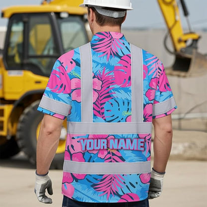 High Visibility Hawaiian Shirt for Men Tropical Shirts Custom Name Floral Outfit Reflective Safety Workwear