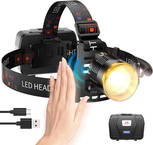 SKYFIRE Headlamp Rechargeable 3000 High Lumens, 13 Mode LED 7500mAh Head Light with Motion Sensor, Zoomable 90° Adjustable Waterproof Head Light for Adults, Camping, Hiking, Fishing, Running, Cycling