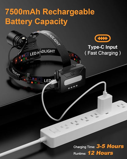 SKYFIRE Rechargeable Headlamp High Lumens, 7500mAh Motion Sensor LED Head Light with Zoomable, 13 Modes, 90° Adjustable, IPX6 Waterproof for Adults, Camping, Hiking, Fishing, Running, Cycling