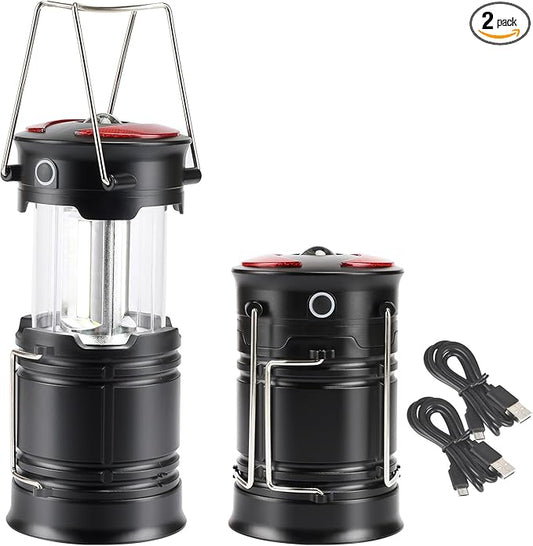 Lichamp 2 Pack Camping Lanterns Rechargeable and Battery Powered, Dual Power Source and 4 Mode Lantern Flashlight COB Camp Light for Power Outages, Camping Supplies and Home Hurricane Supplies, E2BK