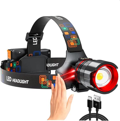 Headlamp Rechargeable 90000 Lumens Ultra Bright Head Lamp Super Bright Hard Hat Light Zoomable IPX54 Headlight Camping Accessories 6 Modes Waterproof Headlight Camping Gear for Adults Cycling Running