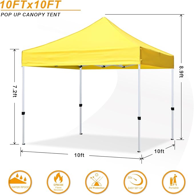 Pop Up Canopy Tent 10x10 for Outdoor Heavy Duty Commercial Instant Sun Shelter,with Wheeled Carry Bags,4Ropes and Stakes and 4 sandbags,Yellow