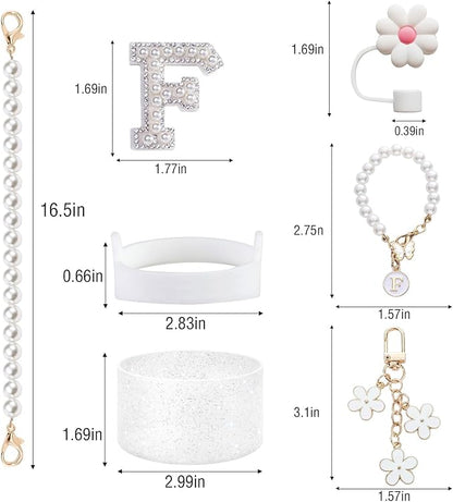 Stanley Cup Accessories Set - Including Water Bottle Carrying Pearl Strap, Handle Letter Charms Sticker, Silicone Cups Boot Straw Cover for 40oz & 30oz Tumbler Accessory Kit