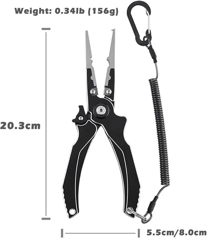 Aluminum Alloy Fishing Pliers, Corrosion Resistant,Multifunctional Hook Remover with 2 Sheaths,Safety Lock, Fishing Line Cutting,Tungsten Carbide Cutters, 8 Inch Lightweight Fishing Tool