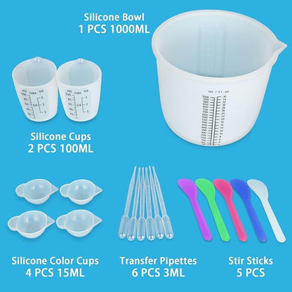 Creahaus 1000ML Large Silicone Measuring Cups for Resin, Easy to Read 36oz Silicone Mixing Bowl with 100ML Mixing Cup, Easy Clean Reusable Epoxy Resin Supplies with Stir Stick, Pipettes