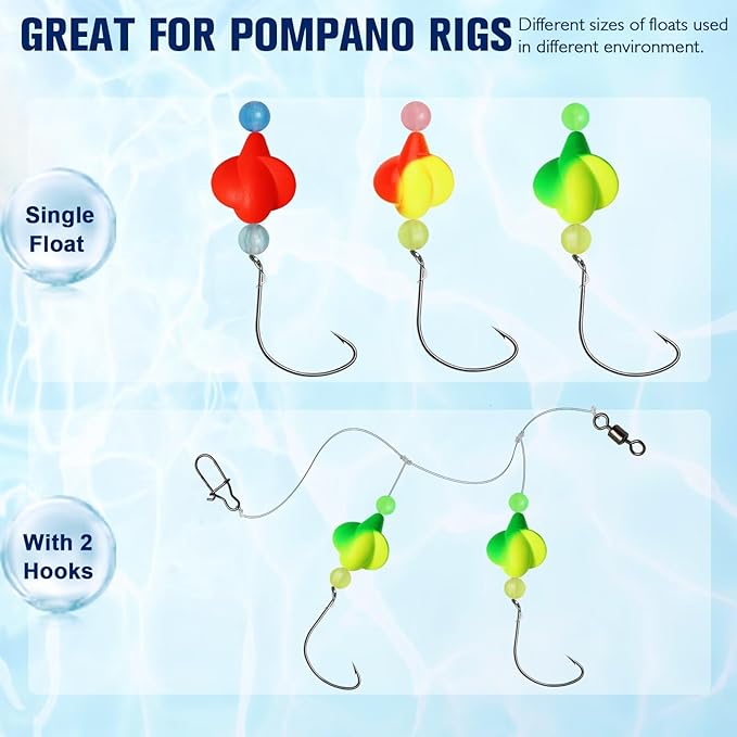 Dovesun 220/104/80/54/42/52pcs Fly Fishing Floats Bobbers Foam Pompano Rigs Surf Fishing Rig Floats Bright Color Round, Bullet, Cylindrical, Spin, Pill with Tackle Box