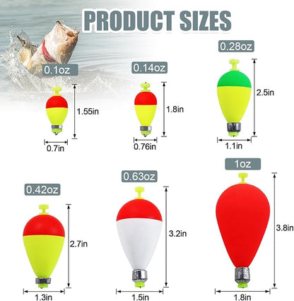 Weighted Fishing Bobbers 10-Pack - Slip Bobbers for Catfish with Spring Clip | 5 Sizes & Styles | High-Visibility EVA Floats with Bottom Weight for Stability